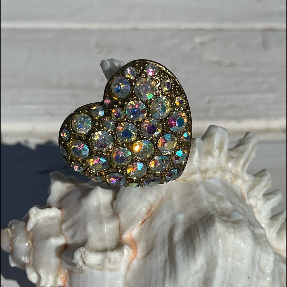 Heart Ring Rhinestone Iridescent Multi-Color Large Gold-tone